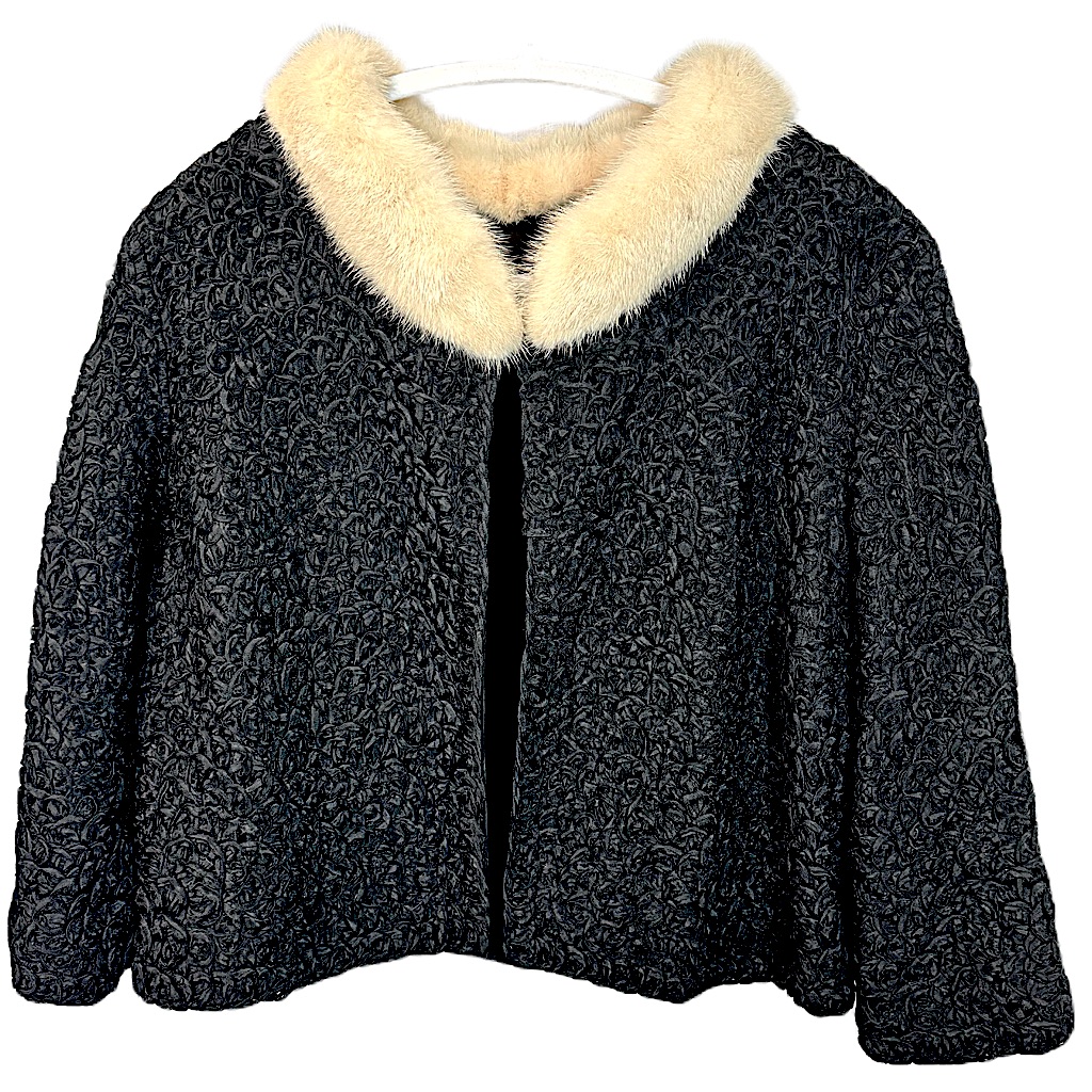 Vintage Silk Soutache And Fur Wrap Shrug Cape Jacket 3/4 Sleeve Black Size Os
